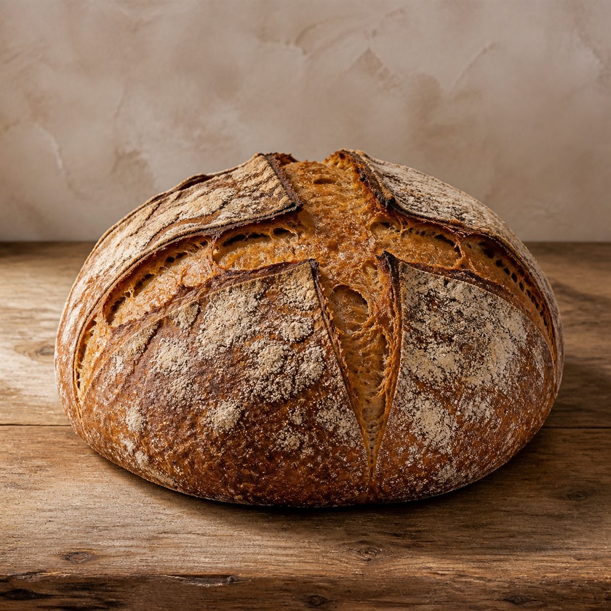 Boerenbrood zuurdesem met kruisinsnede op houten tafel