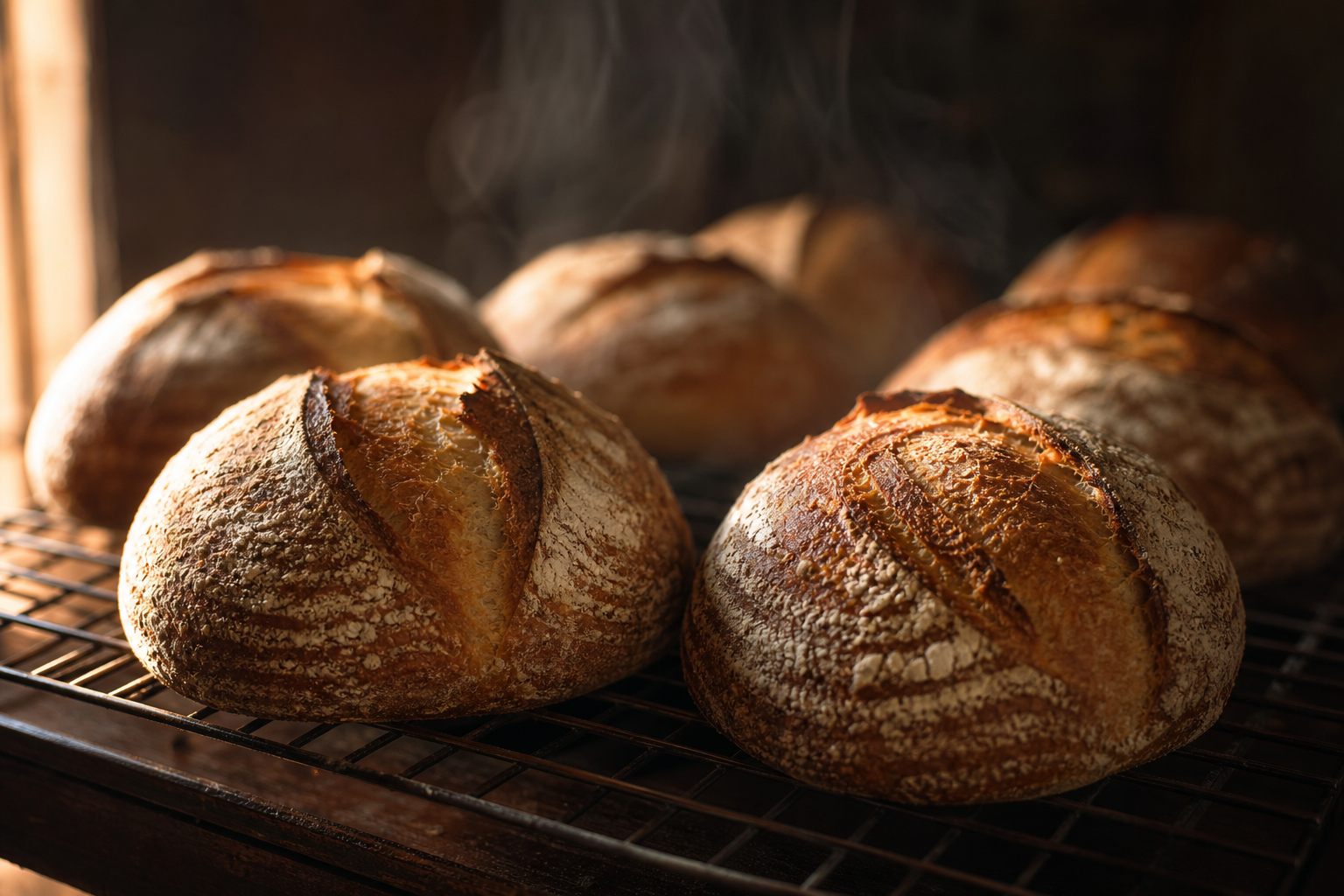 Dampende broden op het koelrek, net uit de oven