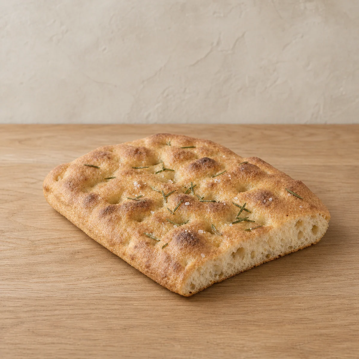 Goudbruine focaccia met rozemarijn en grof zeezout op houten werkbank