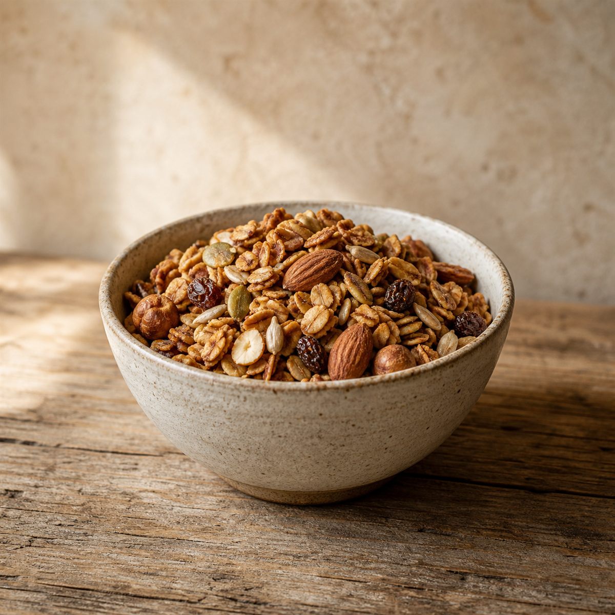 Kom bakkersgranola met noten en rozijnen