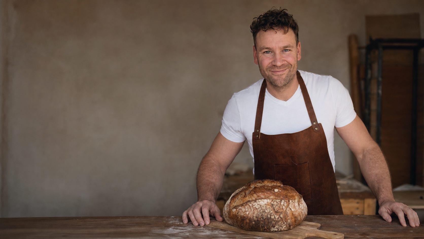 Paul achter de werkbank, met een vers zuurdesembrood