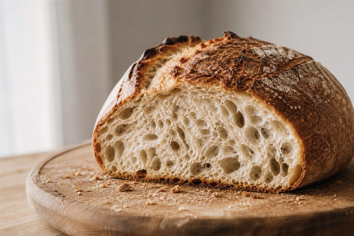 Doorgesneden desembrood met een open, glanzende kruim
