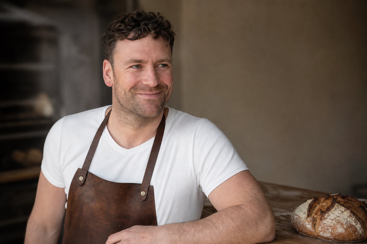 Paul in de keuken bij de oven, met een vers brood op de werkbank