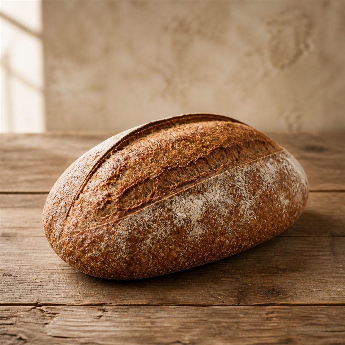 Volkoren zuurdesembrood op houten tafel